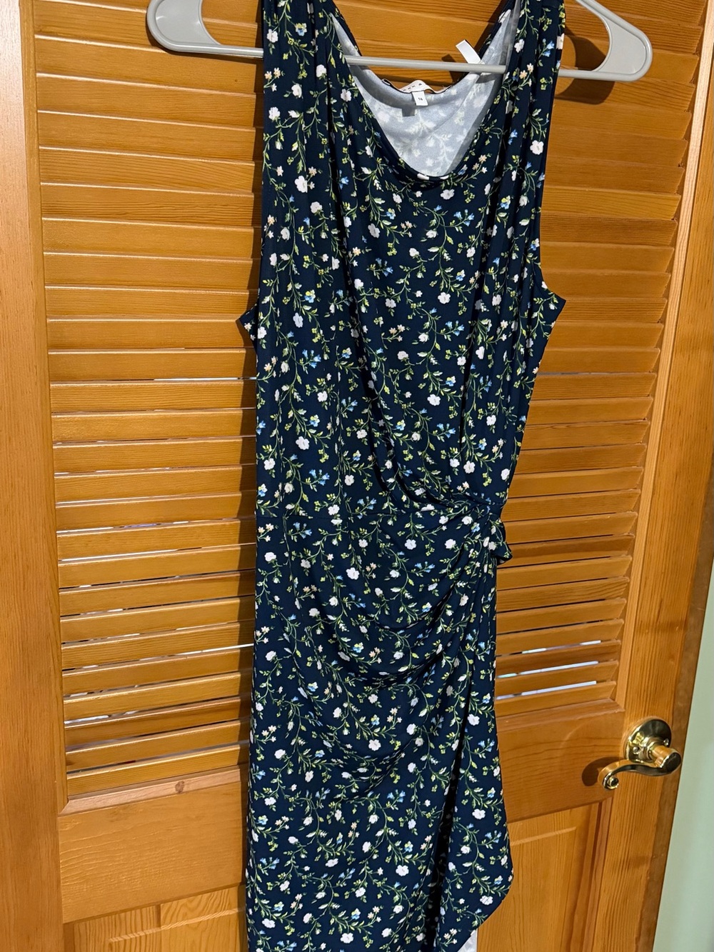 Lark & Ro Navy Floral Sleeveless Midi Dress with Side Drape